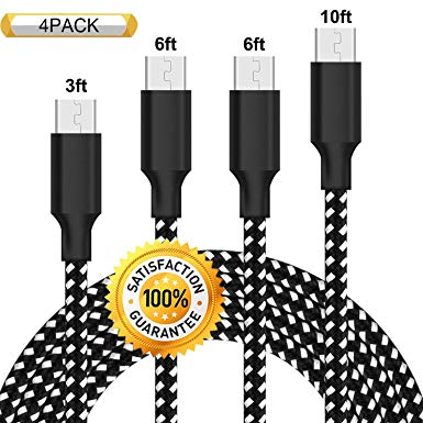 Chamfind Micro USB Cable 4Pack 3FT 6FT 6FT 10FT 5000  Bend Lifespan Premium Nylon Braided Micro USB Charging Cable Samsung Charger Cord for Samsung Galaxy S7 Edge/S7/S6/S4,Note 5/4/3 -Black White