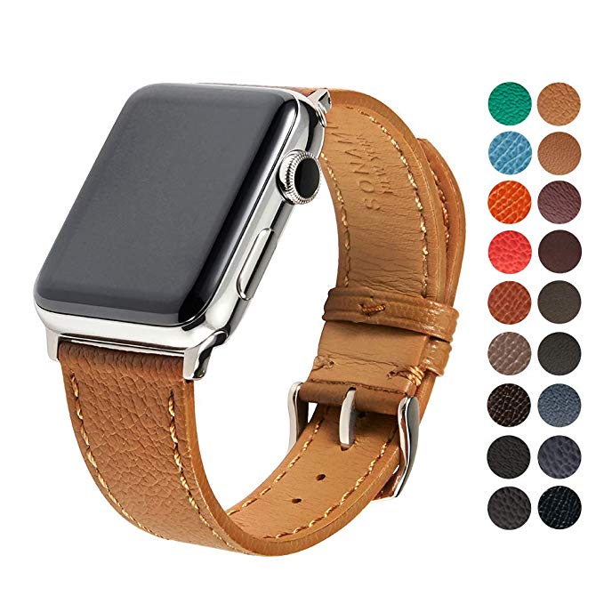 Compatible Apple Watch Band, Premium French Bijou Leather Strap with Stainless Steel Buckle for All 42mm Apple Watch Models by SONAMU New York, Cappucino