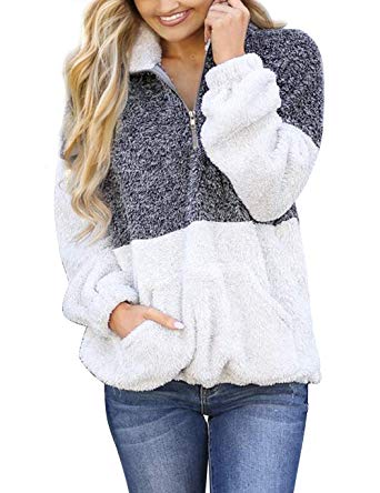 MEROKEETY Women's Long Sleeve Contrast Color Zipper Sherpa Pile Pullover Tops Fleece with Pocket