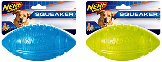 Nerf Dog 2-Pack 6in Squeaky Football Dog Toy, Blue and Green