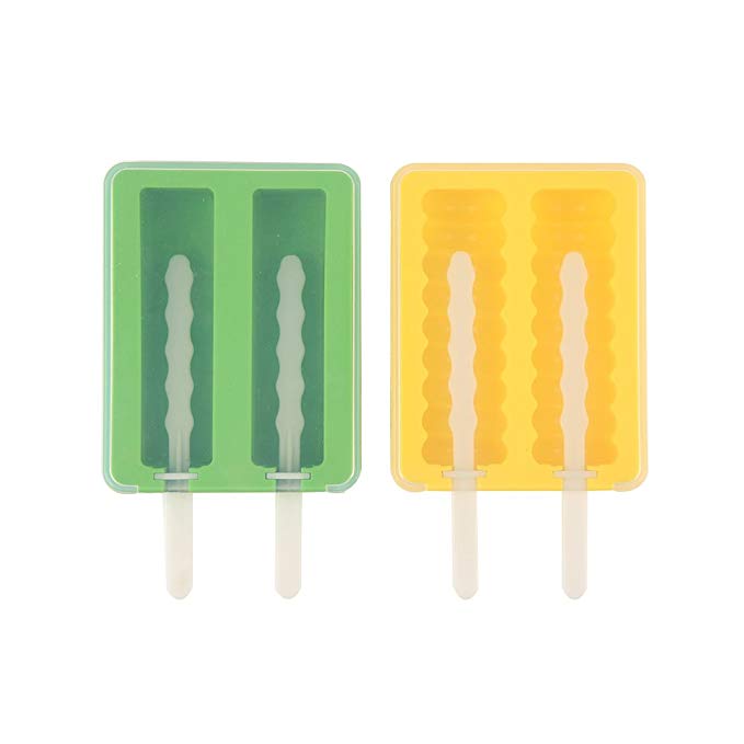 Mirenlife 2 Cavities Silicone Ice Pop Mold with Lid, Ice Cream Bar Mold Popsicle Maker Popsicle Mold DIY Ice Cream Maker, Set of 2, Yellow and Green