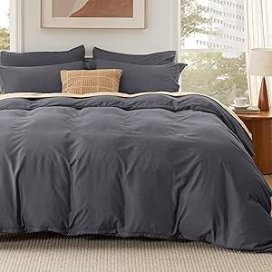 Bedsure Queen Duvet Cover Set with Fitted Sheet - Soft Double Brushed Dark Grey Bedding Duvet Cover Set, 4 Pieces, Includes 1 Duvet Cover, 1 Fitted Sheet, 2 Pillow Shams, NO Comforter