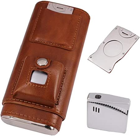 AMANCY Portable 3 Holder Cigar Case Set With Lighter and Cutter Great Gift Kit