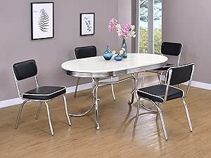 Coaster Home Furnishings Retro 1950s Soda Fountain Diner 5-Piece Dining Room Set Oval Table White Laminate Top Black Faux Leather Upholstered Dining Side Chairs Sturdy Steel Chrome Base 2065-S5