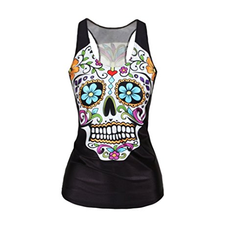 Ensasa Women's Fashion Rose Skull Flower Death Camisole Halter Top Sleeveless T-Shirt (S-XXL)