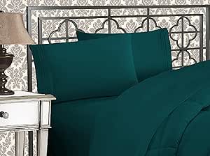 Elegant Comfort Luxurious 1500 Premium Hotel Quality Microfiber Three Line Embroidered Softest 4-Piece Bed Sheet Set, Wrinkle and Fade Resistant, King, Marine Teal