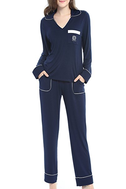 NORA TWIPS Women's Lightweight Soft Knit Sleepwear Long Sleeves Pajama Set With Pants by (XS-XL)