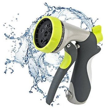 Garden Hose Nozzle By Gardeniar - Front Trigger - 8 Different Spray Settings - Heavy Duty Metal Construction - Flow Control Setting Knob- Ideal for Cleaning Watering Plants and Garden or Automotive Car Wash Use - The Best Garden Nozzle around