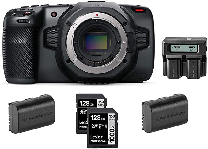 Blackmagic Design Pocket Cinema Camera 6K - Bundle with Lexar Professional 128GB 1000x UHSII U3 SDXC Memory Card (2 Pack), 2 Pack Spare Battery, Dual Charger