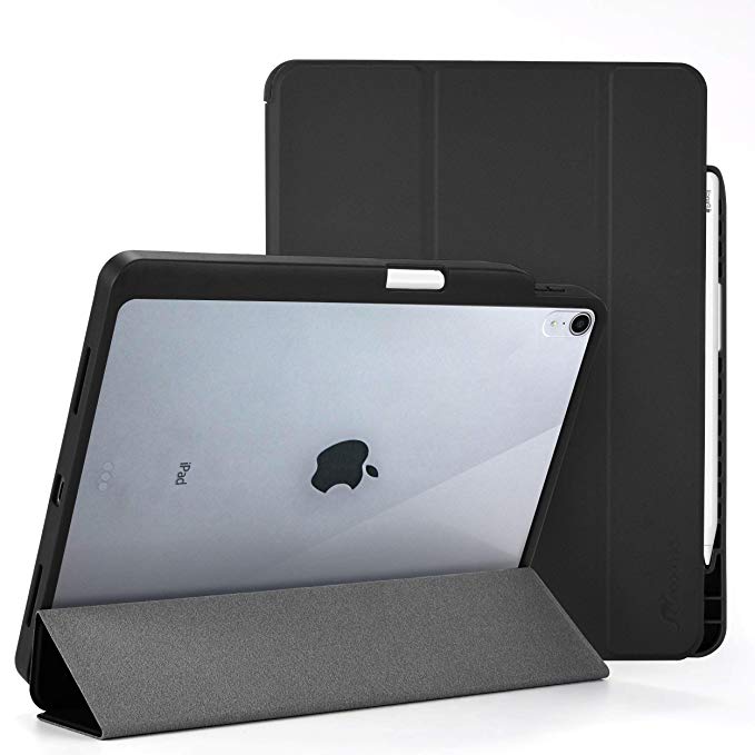 rooCASE iPad Pro 11 Case, Premium Folio Stand Case for Apple iPad Pro 11-inch 2018 [Support Apple Pencil Charging] Slim Fit PC/TPU Smart Case with Clear Back Cover, Black