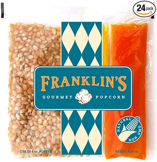 Franklin's Gourmet Movie Theater Popcorn. Organic Popping Corn, 100% Coconut Oil, Seasoning Salt. Pre-Measured Portion Packs (Pack of 24).