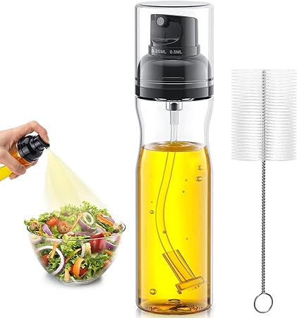 Olive Oil Adjustable Sprayer for Cooking, 250ML Oil Dispenser Bottle with Brush, Canola Oil Vinegar Spray Mister for Kitchen, Refillable Gadgets Accessories Widely Used for Air Fryer, Baking, Grilling