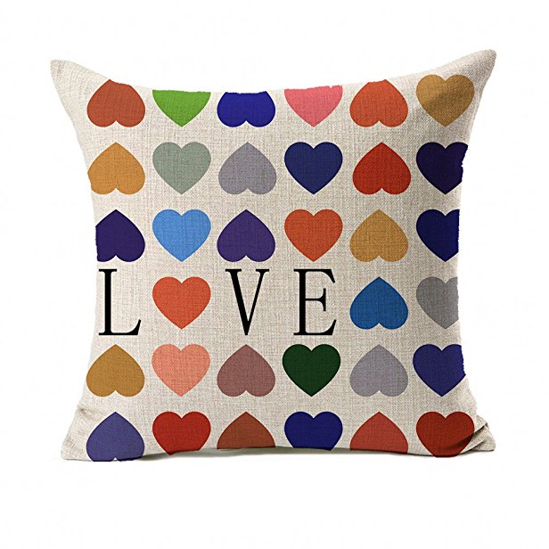 4TH Emotion Colorful Heart Shape Love Cotton Linen Square Throw Pillow Cover Decorative Cushion Sham Pillowcase Cushion Case for Sofa 18 x 18 Inch