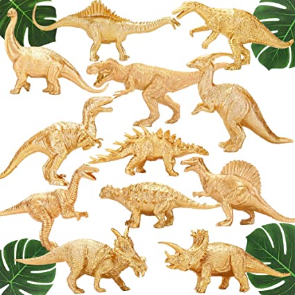 Metallic Gold Plastic Dinosaurs Figurine Toys, 12PCS Jumbo Golden Dinosaur Figures for Boys Girls, Baby Shower, Bridal Shower Decorations, Kids Dino Themed Birthday Party Supplies Cake Topper