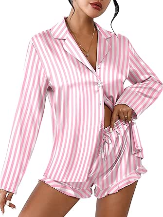 Ekouaer Womens Satin Pajama Sets Long Sleeve Top and Shorts Lounge Set Button Down Sleepwear