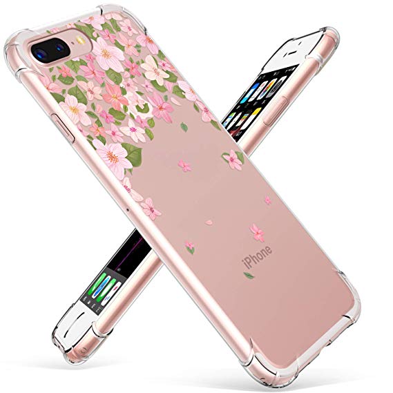 iPhone 7 Plus Case, iPhone 8 Plus Case, GVIEWIN Floral Flowers Design with Shock Absorption Bumper Ultra-Thin Flexible Clear TPU Cover, Women Phone Cases for Apple iPhone 8 Plus (Pink Skura)