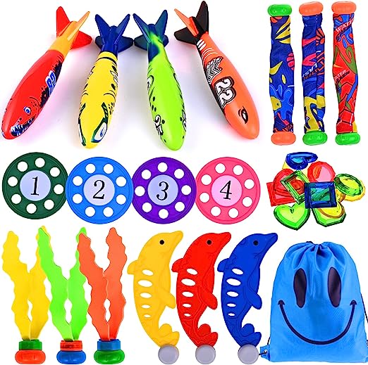Faburo 28pcs Swimming Pool Toys Kit with Cloth Diving Stick, Torpedo, Seaweed, Diving Diamond, Dolphin, Diving Saucer, Underwater Diving Pool Toys Game Training Gift For Kids