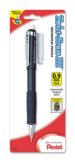 Pentel Twist-Erase III Automatic Pencil with 1 Eraser Refill, 0.9mm, Assorted Barrels, 1 Pack (QE519BP-K6)