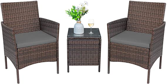 Greesum 3 Pieces Outdoor Patio Furniture Sets, PE Rattan Wicker Chair Conversation Sets with Soft Cushion and Glass Coffee Table for Garden Backyard Porch Poolside, Brown and Gray