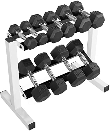 WF Athletic Supply 5-25Lb Rubber Coated Hex Dumbbell Set with Two Tier Storage Rack Non-Slip Hex Shape for Muscle Toning, Strength Building & Weight Loss - Multiple Choices Available