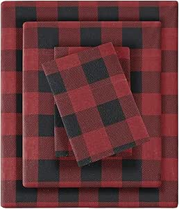 Woolrich Cotton Sheet Set Cottage Charms Print, 100% Cotton Flannel Sheets Warm & Fuzzy Bedding Set Cal King Size Sheets, Fitted Pocket Fits Up to 14" Mattress, Cal King Red/Black Checkered, 4 Piece