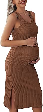 Ekouaer Women's Maternity Dress Rib Knit Sleeveless Tank Side Slit Bodycon Dresses Pregnancy Clothes S-XXL