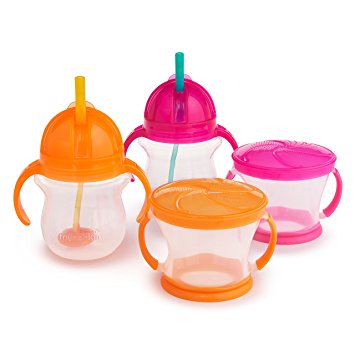 Munchkin Happy Snacker Snack Catcher and Sippy Cup Set, 4 Count, Pink/Orange