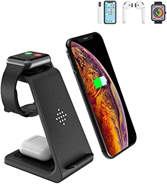 Wireless Charger Stand 3 in 1 Wireless Charging Station for Apple Watch 5/4/3/2 & AirPods 1/2 / Pro Fast Qi Charger Dock for iPhone 11 / Xs/X Max/XR/X / 8 / 8Plus / Samsung (NO Adapter) -Black