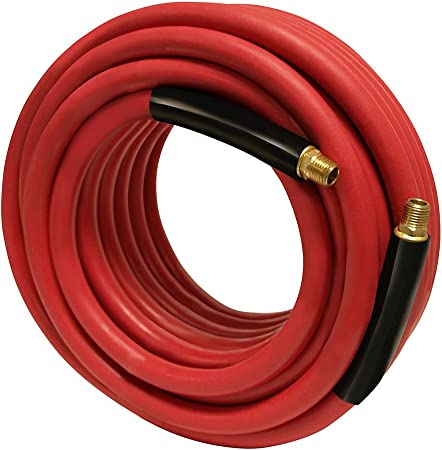 Apache 98108953 1/2" x 50' 300 PSI Red Rubber Air Hose Assembly with 3/8" Male Pipe Thread Fittings & Bend Restictors
