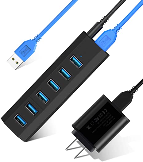 USB Hub, Aiibe 6 Ports Super High Speed USB 3.0 Hub Splitter   10W Power Adapter   USB 3.0 Cable, Black Smart Fast Data Transfer USB Hub for Laptop, Mac, PC, Mobile HDD, Mulitple Devices(Can't charge)