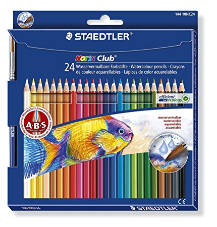 Staedtler 144 10NC24 Noris Club Aquarell Watercolour Pencils with Paint Brush - Assorted Colours, Pack of 24