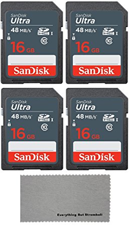 SanDisk 16 GB Class 10 SD HC Ultra Flash Memory Card - 4 Pack With Everything But Stromboli (tm) MicroFiber Cleaning Cloth