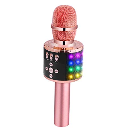 Verkstar Upgraded Wireless Bluetooth Karaoke Microphone with Flashing Colorful LED Lights, 4-in-1 Handheld Portable Party Machine Speaker Mic Christmas Gift for Android/iPhone/PC/Sony (rose gold)