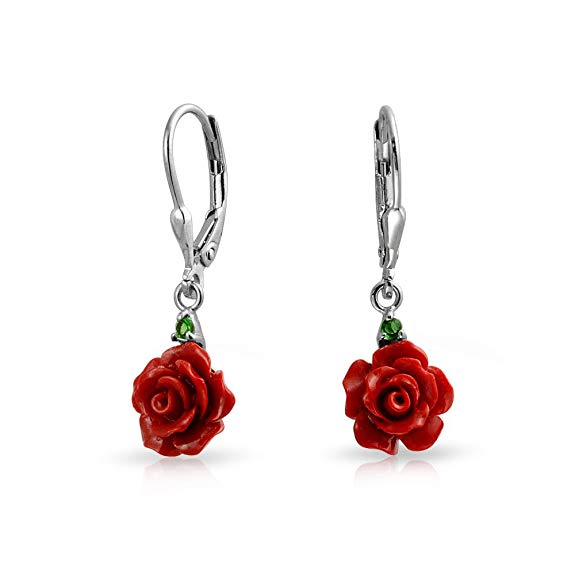 .925 Silver Red Resin Rose CZ Leverback Dangle Earrings