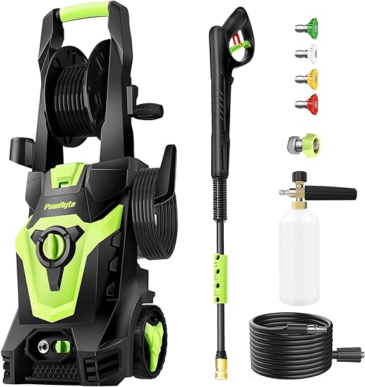 PowRyte Electric Pressure Washer with Hose Reel, Foam Cannon, 4 Different Pressure Tips, Power Washer,4500 PSI 2.6 GPM