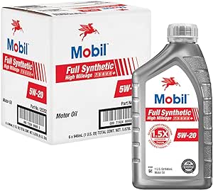 Mobil Full Synthetic High Mileage Motor Oil 5W-20, 1 Quart (6-pack)