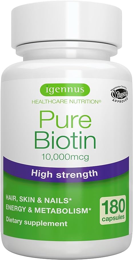 Pure Biotin 10,000mcg, High Strength, Clean Label, 180 Small Tablets, Lab Verified, & Vegan & Hypoallergenic, Supplement for Hair Growth, Skin & Nails, by Igennus