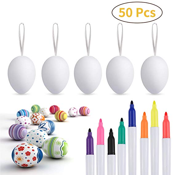 Philonext 50pcs  Easter  White Plastic Eggs, Easter Eggs, Hanging Plastic Eggs with Rope  ,Artificial Egg DIY Decor Egg with 8 pens