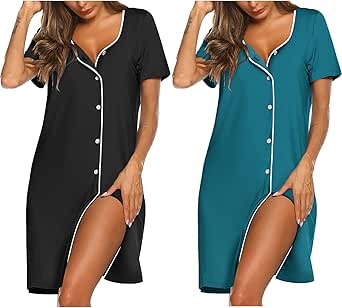 Ekouaer Nightgowns for Women 2 Pack Button Down Sleepshirt Short Sleeve Nightshirt Soft Sleepwear V Neck Pajama Dress