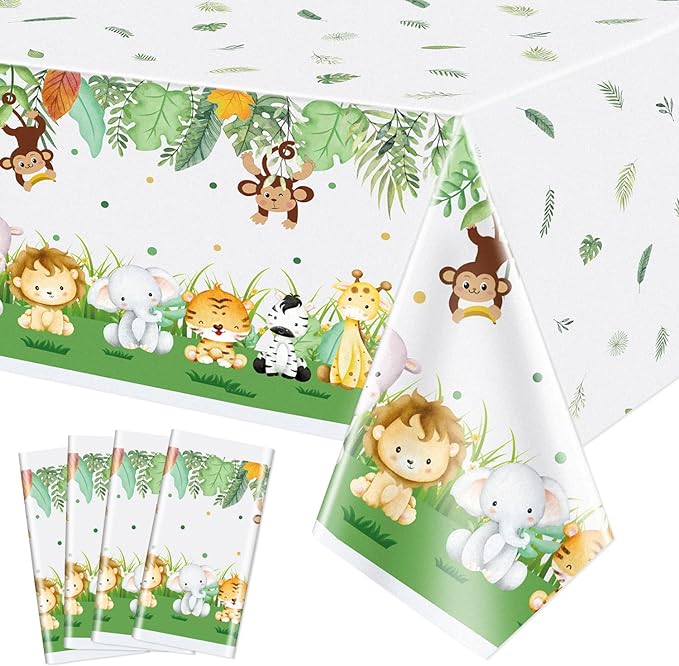 PIXHOTUL 4 Pcs Jungle Safari Tablecloths, Safari Baby Shower Table Cloths Decorations, Animal Print Table Cover, Wild One Birthday Party Decorations for Boys Kids, 51'' x 86''