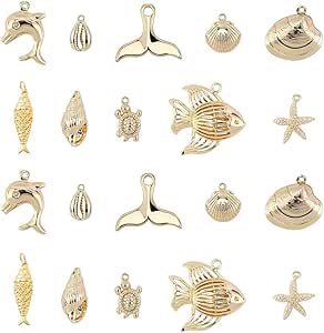 SUNNYCLUE 1 Box 20Pcs 10 Styles Real 18K Gold Plated Ocean Theme Charms Sea Animal Charms Shell Starfish Dolphin Fish Tortoise Dangles Bulk for DIY Earring Necklace Bracelet Jewelry Making