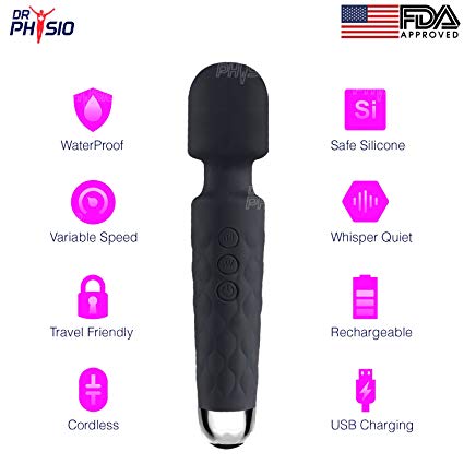 Dr Physio (USA) Eva Cordless Rechargeable Personal Body Wand Massager Machine with 28 Vibration modes & Water Resistant (Black)