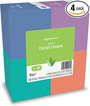 Amazon Basics Facial Tissue with Lotion 75 Tissues per Box - 4 Cube Boxes - 300 Tissues Total (Previously Solimo)