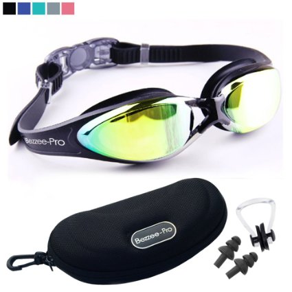 Swimming Goggles with FREE Stylish Case - Ear Plugs & Nose Clip - Anti-Fog Mirror Color Lens - 100% UV Protected - Adjustable Silicone Head Strap - Leak proof Seal - Expert Unisex Adult Swim Goggles