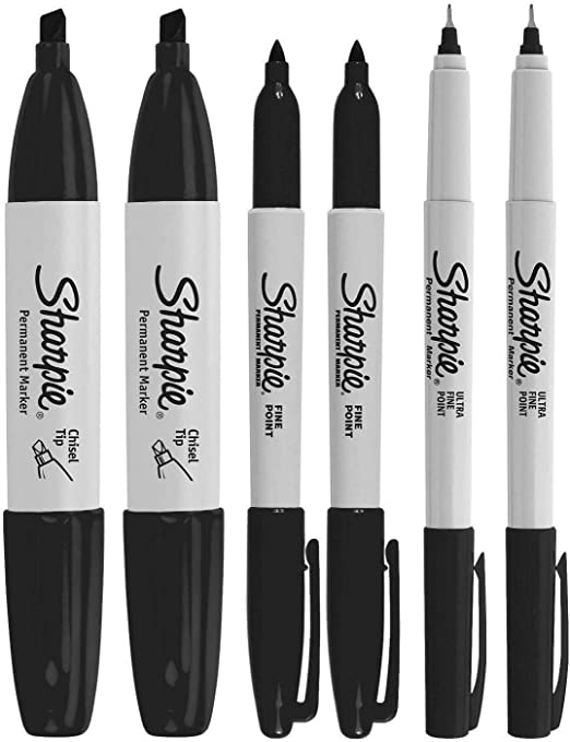 SHARPIE Permanent Markers, 6 Pack Assorted Sizes, Ultra Fine Tip, Fine Tip and Chisel Tip Permanent Markers - Black (1 Pack)