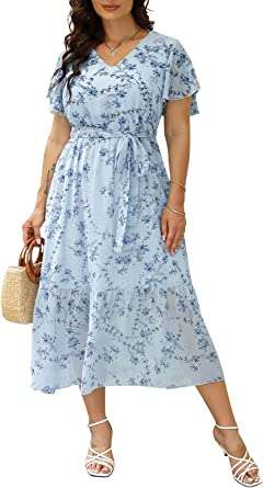 Nemidor Womens Casual Plus Size Boho Print Belted Layered Chiffon Long Dress with Ruffle Sleeve NEM310