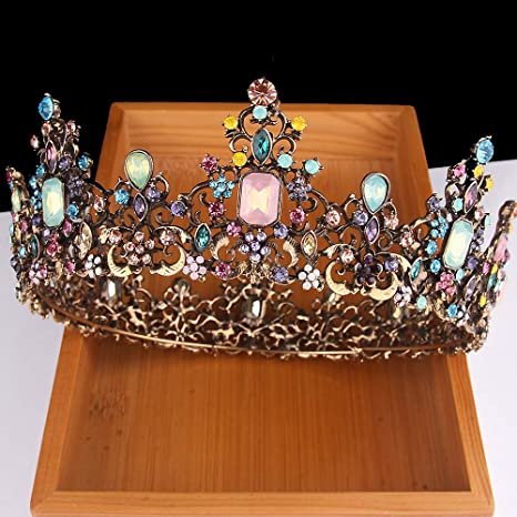 Penxina Jeweled Baroque Queen Crown - Rhinestone Wedding Bridal Round Tiaras Hair Accessories with Gemstones (Colorful)