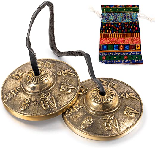 Tibetan Tingsha Cymbals Meditation Chime Bells with Tibetan drawstring Cloth Bag, 6.5 cm Meditation Chime Bells, Om Mane Padme Hum for Percussion Instrument