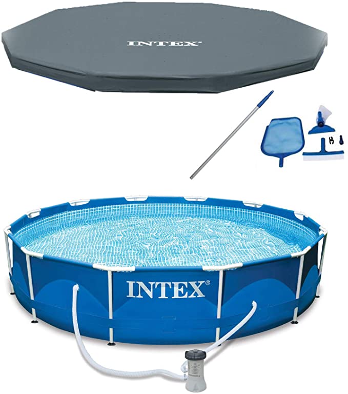 Intex 12' x 30" Metal Frame Above Ground Pool, Filter, Cover, Maintenance Kit