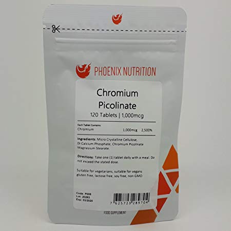 Chromium Picolinate 1,000mcg x 120 Tablets - 1mg Chromium Tablets as Chelated, Bioavailable Picolinate - Phoenix Nutrition